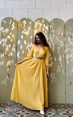 1970s Yellow Mushroom Trim Maxi Dress, Small