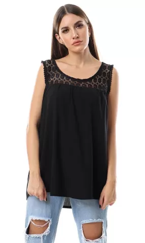 57152 Perforated Lace Neck Sleeveless Blouse - Black