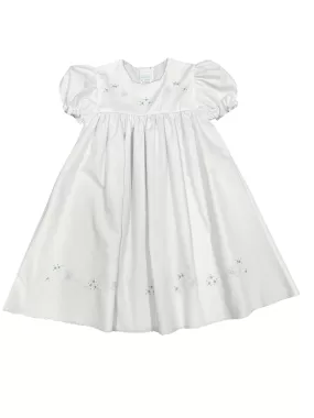 Auraluz White Dress with Blue Rosebud Embroidery and Blue Trim