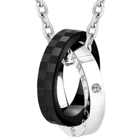 Black Checkerboard Double Ring Pendant Necklace