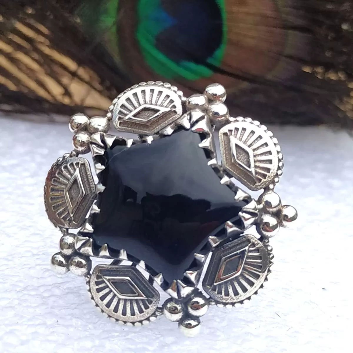 Black Onyx Leaf 925 Sterling Silver Southwest Style Ring, handcrafted Jewelry,Gift for her