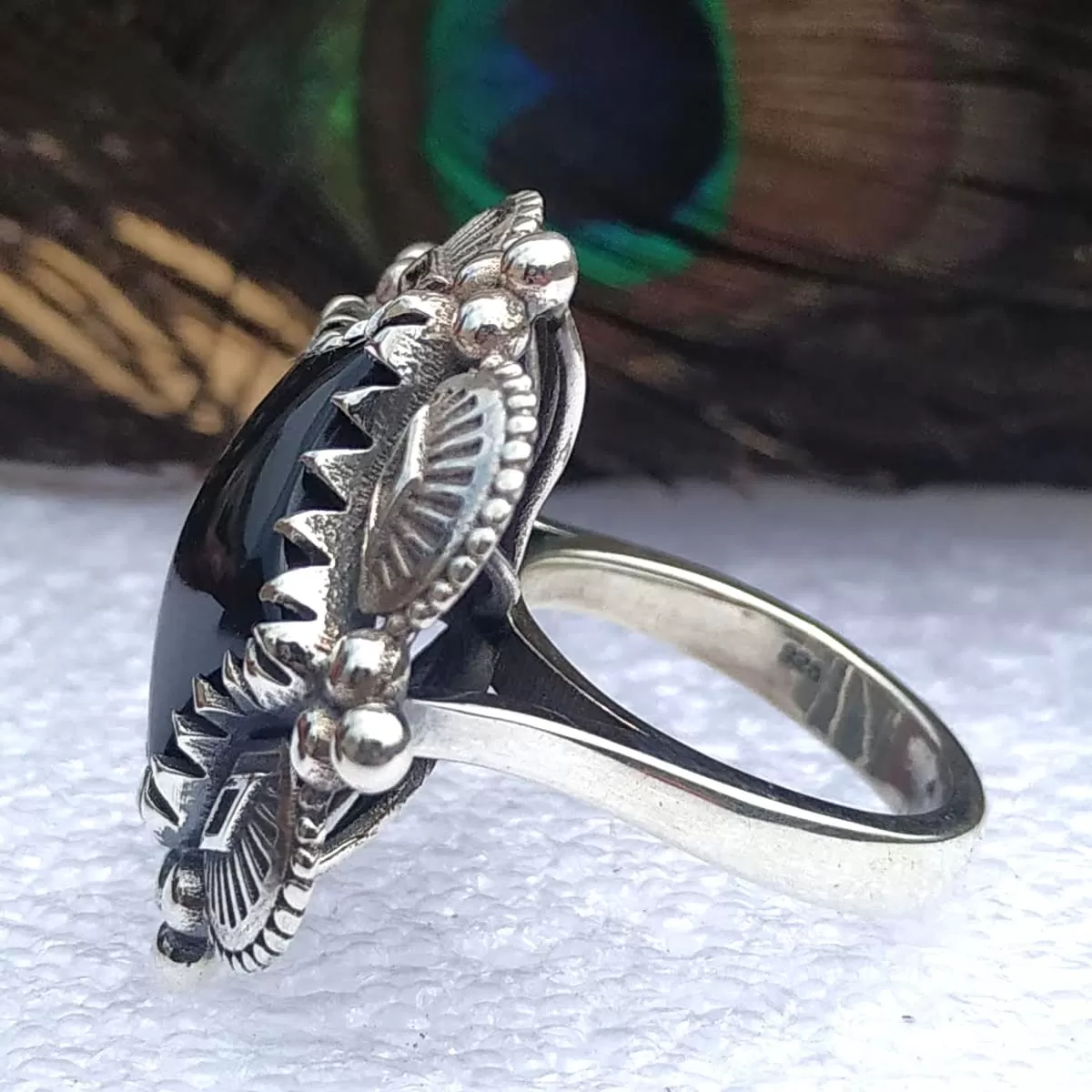 Black Onyx Leaf 925 Sterling Silver Southwest Style Ring, handcrafted Jewelry,Gift for her