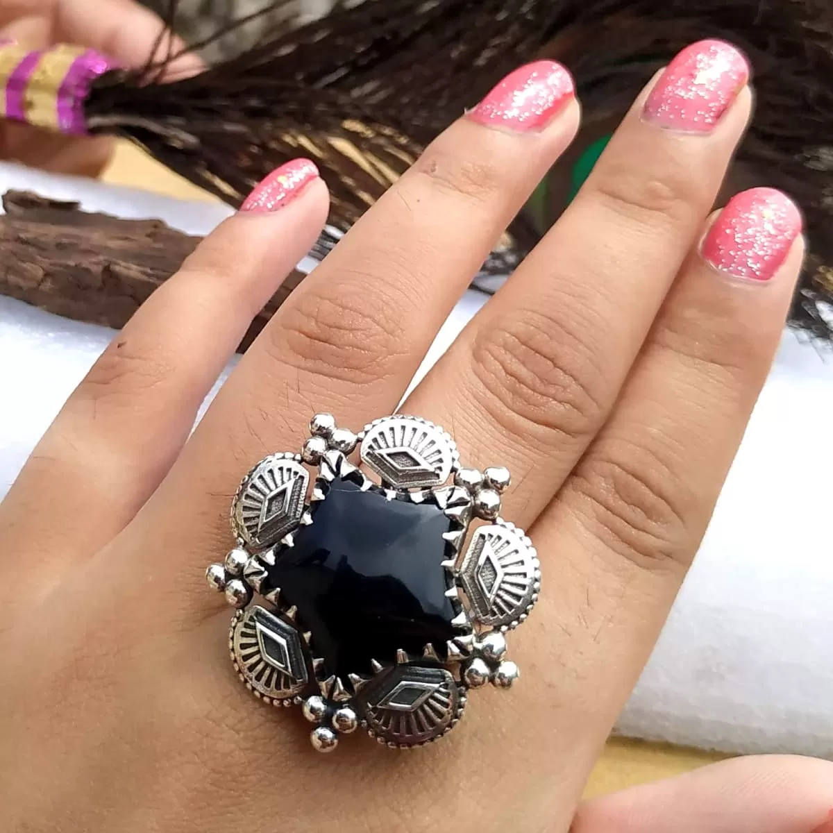 Black Onyx Leaf 925 Sterling Silver Southwest Style Ring, handcrafted Jewelry,Gift for her