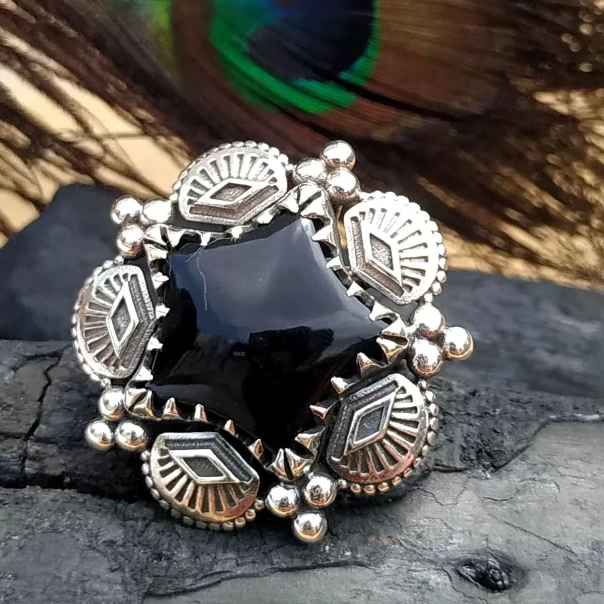 Black Onyx Leaf 925 Sterling Silver Southwest Style Ring, handcrafted Jewelry,Gift for her