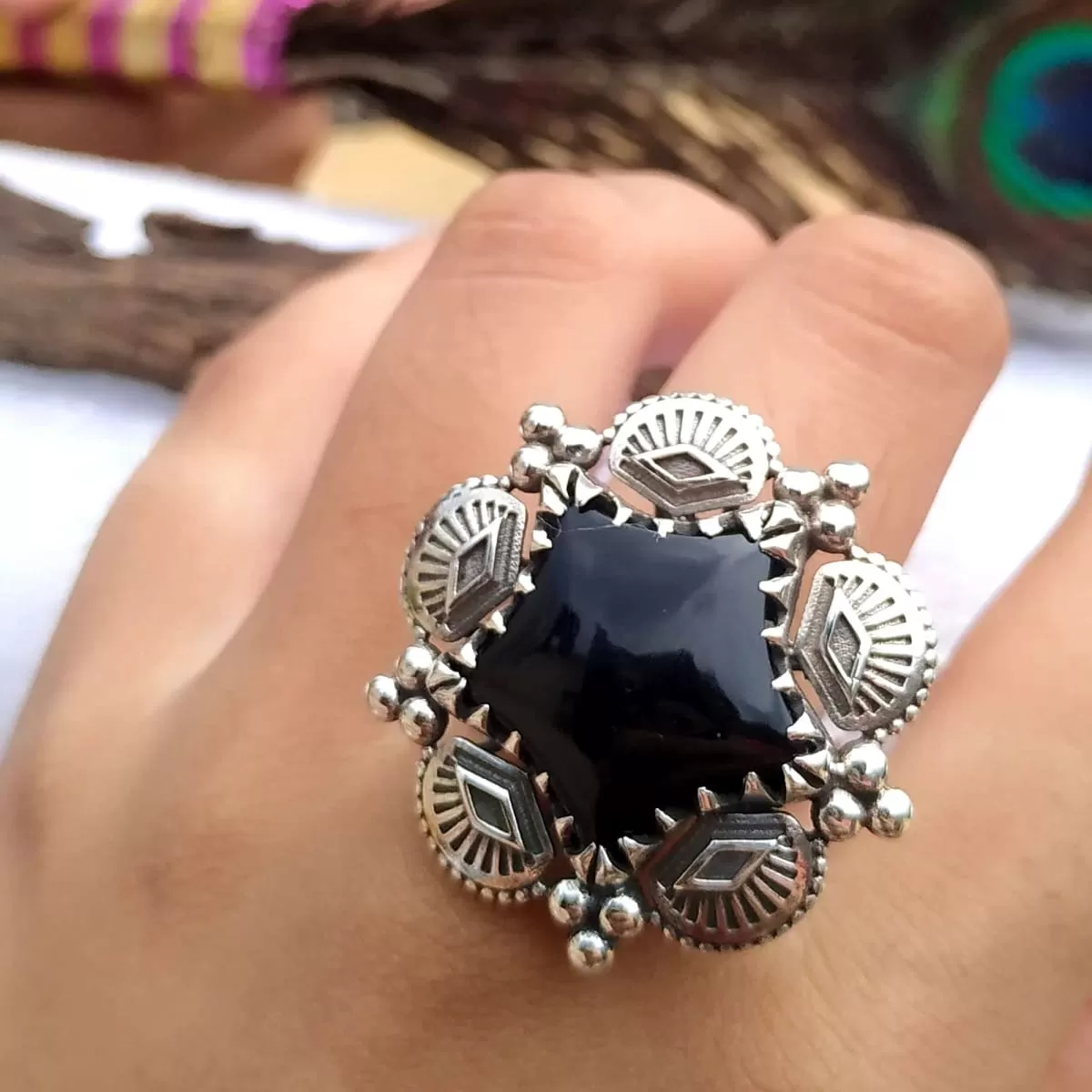 Black Onyx Leaf 925 Sterling Silver Southwest Style Ring, handcrafted Jewelry,Gift for her