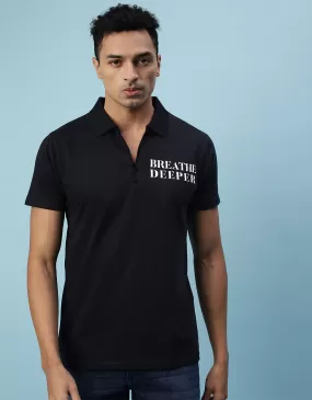 Breath Deeper Black Pocket Typographic Printed Polo Tshirt