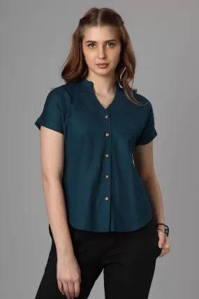 Classic Peacock Blue Cotton Shirt For Women