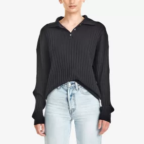 W RIB KNIT LS POLO BLACK